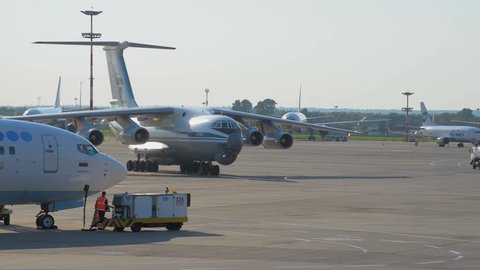 Moscow, Vnukovo, august 1, 2018. Official spotting, Official spotting. Soviet cargo plane IL-76 performs taxiing before takeoff.