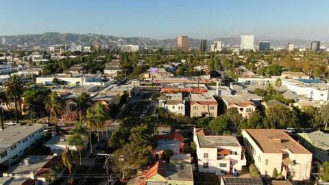 Los Angeles, California, USA - Oct 1 2018: Los Angeles Aerial Panorama Shot of Miracle Mile to Century City