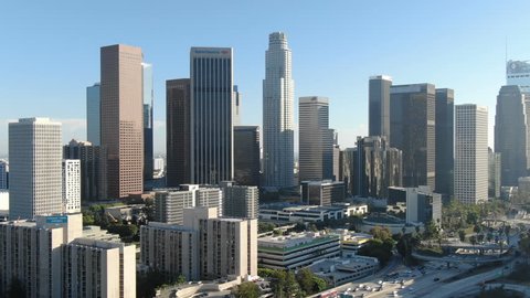Los Angeles, California, USA - Oct 1 2018: Los Angeles Downtown Financial District Aerial Zoom Shot