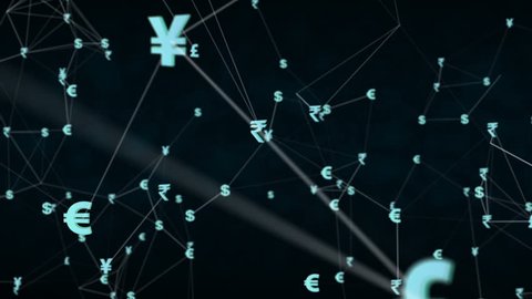 Currency icons are connected to each other. The concept of interconnection in the modern world