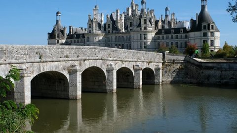 Chambord,France/Loire - October 09 2018 - The bridge on the Cosson river and the castle in background