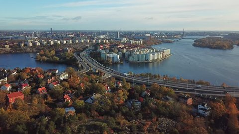 Aerial view of residential island Stora Essingen and highway Essingeleden in Stockholm, Sweden