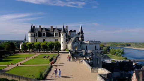 Amboise-France/Loire - October 10 2019 -  Royal Amboise castle - The castle, the garden and the Loire river in  background - Motion view