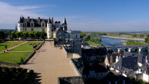 Amboise-France/Loire - October 10 2019 - Royal Amboise castle - The castle, the garden and the Loire river in background - Motion view 