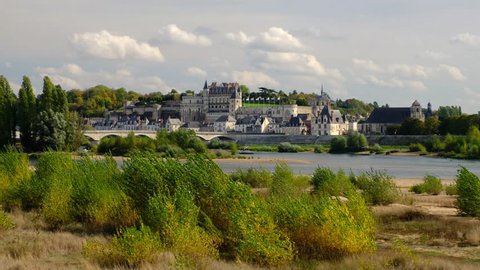 Amboise-France/Loire - October 10 2019 - Amboise - The Loire river and the village with the castle in background - Motion view 