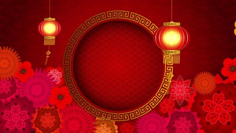 Chinese New Year also known as the Spring Festival. Digital particles loop background with Chinese ornament, cherry blossom and Chinese calligraphy means good health, good luck, good fortune