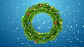 Christmas wreath with holiday decoration rotating on blue background with snow falling. Animation footage. - Powered by Shutterstock - Get 15% off with code: PIKWIZARD15