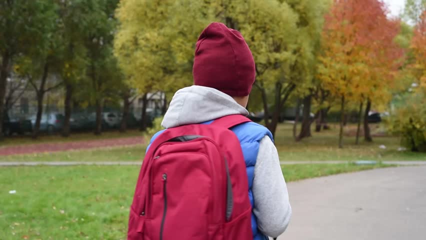 Cute mixed schoolboy going to the school. African american boy on his way to the his school. Childrens and kids are students. Road to the school. Shooting on the october 2018