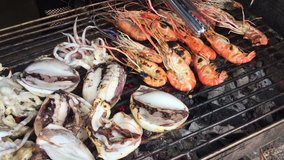 video clip,Grilled squid and shrimp on charcoal stove