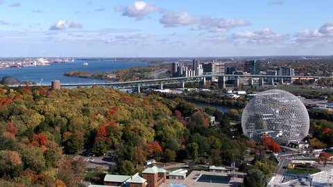 Montreal, Quebec, Canada, aerial view of Biosphere Environment Museum and Saint Lawrence River in the Fall season, daytime.