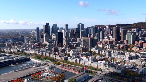 Aerial view of Downtown buildings and Old Port of Montreal in the Fall season in Montreal, Quebec, Canada.