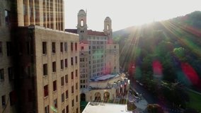 Hot Springs, Arkansas USA August 8, 2018: Aerial video of Central Avenue in Hot Springs, Ark. and Bathhouse Row in Hot Springs National Park.