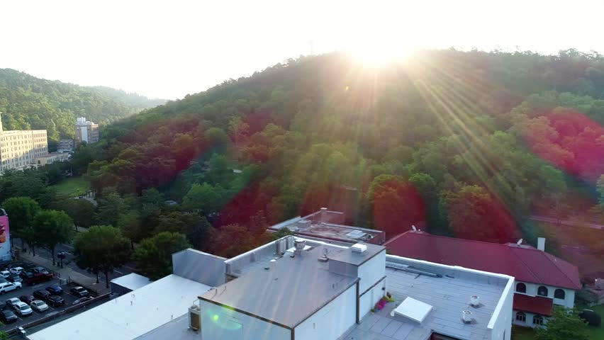 Hot Springs, Arkansas USA August 8, 2018: Aerial video of Central Avenue in Hot Springs, Ark. and Bathhouse Row in Hot Springs National Park.