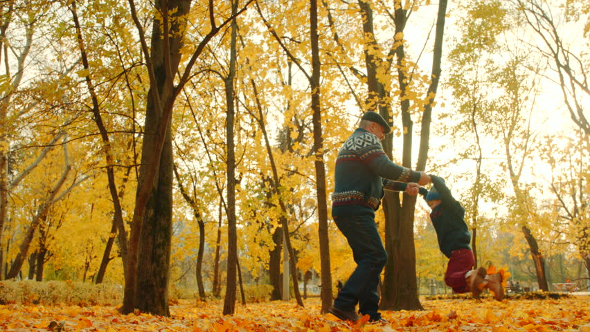 Grandfather playing with his grandson in the autumn park Royalty-Free Stock Footage #1018214359