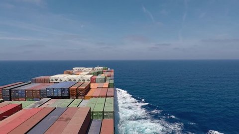 Onboard of huge Container ship during underway, right bridge wing view