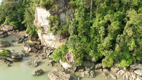 Aerial drone view climbing slowly through tropical rain forest to reveal a small, deserted sandy beach and small bay