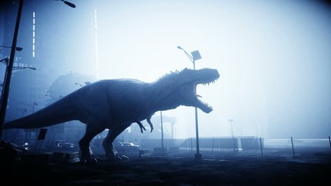 terrible dinosaur trex in the night destroyed city. Apocalypse concept. Realistic 4K animation. : vidéo de stock
