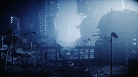 Apocalypse city in fog. Aerial View of the destroyed city. Apocalypse concept. Super realistic 4k animation.