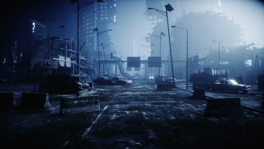 Apocalypse city in fog. Aerial View of the destroyed city. Apocalypse concept. Super realistic 4k animation. Royalty-Free Stock Footage #1018247869