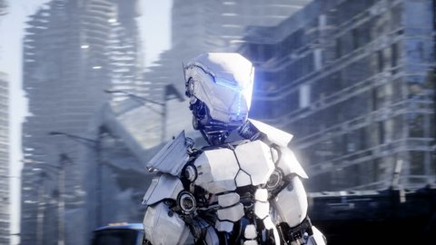 Military robot in destroyed city. Future apocalypse concept. Realistic 4k animation.