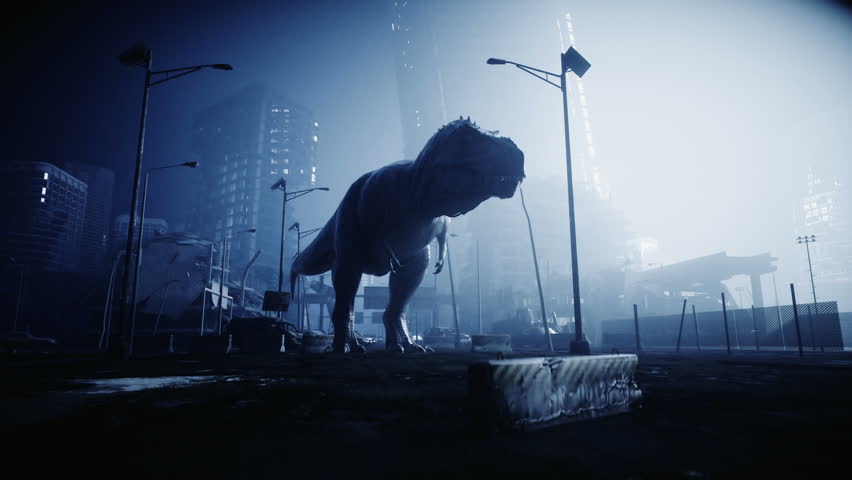 terrible dinosaur trex in the night destroyed city. Apocalypse concept. Realistic 4K animation. Royalty-Free Stock Footage #1018247953