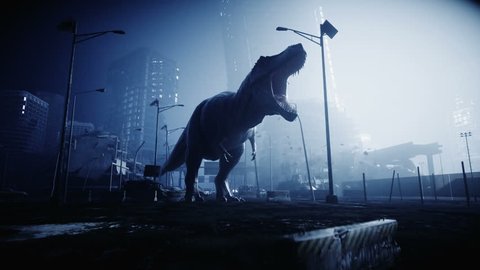 terrible dinosaur trex in the night destroyed city. Apocalypse concept. Realistic 4K animation.
