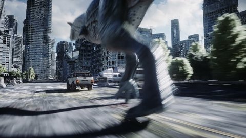 dinosaur rex running behind the car in destroyed city. Dinosaurs apocalypse. Concept of future. Realistic 4K animation.