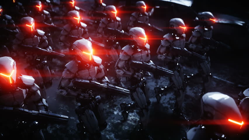 Walking military robots. invasion of military robots. Dramatic apocalypse super realistic concept. Future. 4k animation.