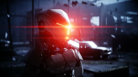 Military robot in destroyed city. Future apocalypse concept. Realistic 4k animation.