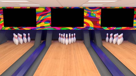 A bowling ball is bowled at a bowling alley lane and achieves a strike