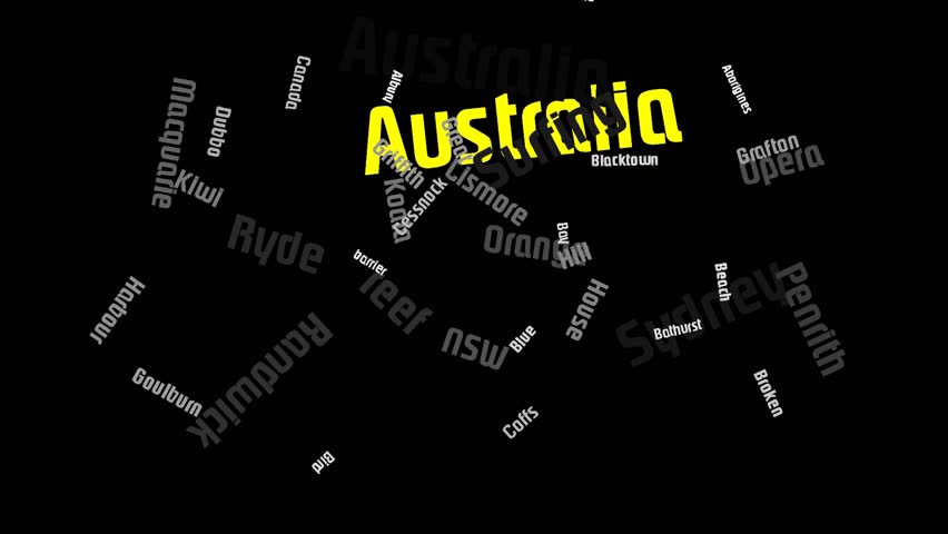 Australia Continent Cities Associations Word Cloud Animation Gold Letter Blac