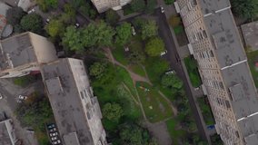 aerial fly away up of city buildings Ukraine