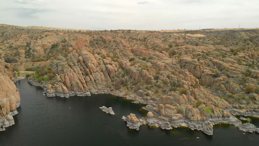 Aerial view of landscape surrounding Watson Lake in Prescott Arizona