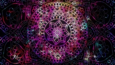 Mandala meditation lights seamless animated screensaver for meditation, yoga festival,  chill-out, relaxing, music videos, trance performance, traditional Hindu and Buddhist events.