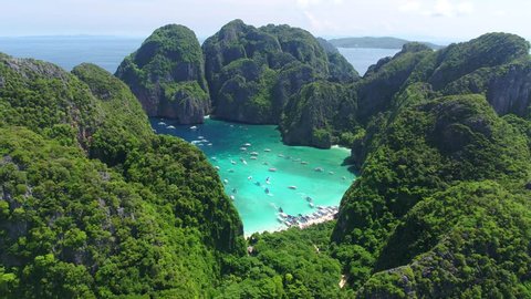 Aerial view of iconic tropical Maya Bay,Phi Phi islands, Thailand