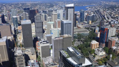 Aerial timelapse Seattle, Washington skyline 4K