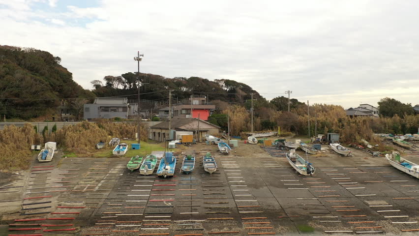 Aerial view of fishing boats at Miura coastal village, Kanazawa, Japan