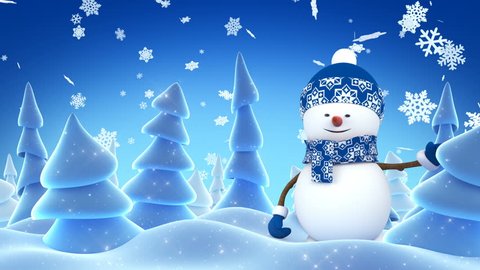 Happy Snowman in Blue Cap Greeting with Hand and Smiling in Evening Winter Forest. Beautiful 3d Cartoon Animation. Animated Greeting Card. Merry Christmas Happy New Year Concept. 4k UHD 3840x2160.