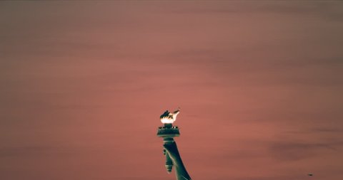 Aerial view of the Statue of Liberty torch, New York City, bright sunset light. Medium shot. 4k shot with a RED camera.