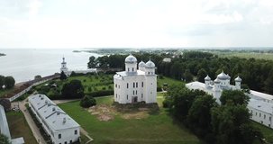 St Georges Yuriev Monastery, Novgorod, Russia. Drone video.