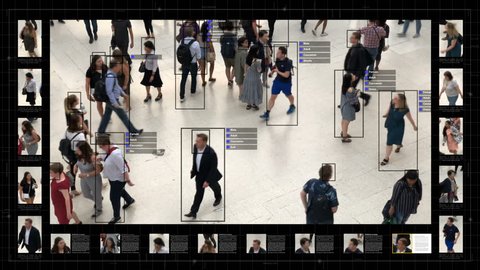 Surveillance interface using artificial intelligence and facial recognition systems to categorize individual data showing sex, race and type of clothing of every person. Deep learning. Futuristic.
