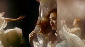 Vertical video of a pretty girl with red hair under water in a white dress, as in a fairy tale mermaid swims under water