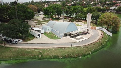 Belo Horizonte/MG, BRAZIL - October 19, 2018 - Aerial Exterior view of Sao Francisco de Assis Church in Belo Horizonte, Brazil. Designed by Oscar Niemeyer is known as the Pampulha Church.