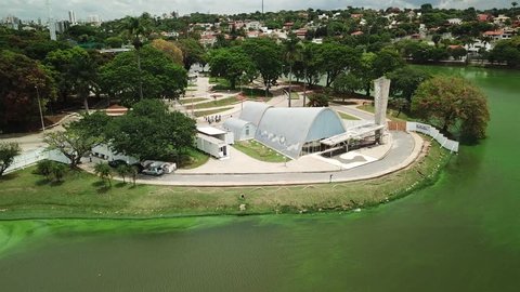 Belo Horizonte/MG, BRAZIL - October 19, 2018 - Aerial Exterior view of Sao Francisco de Assis Church in Belo Horizonte, Brazil. Designed by Oscar Niemeyer is known as the Pampulha Church.