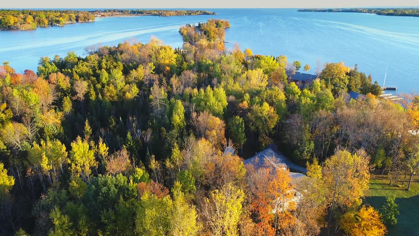 Dazzling aerial view of Autumn colors and scenic shores, Door County Wisconsin.
