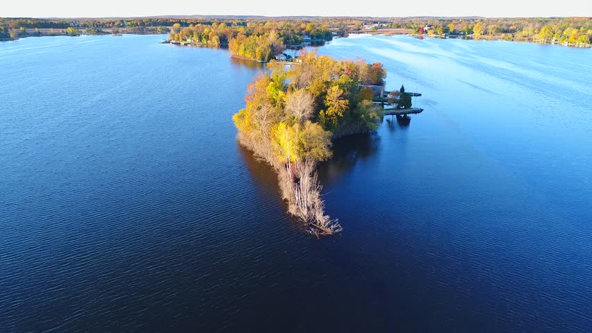 Dazzling aerial view of Autumn colors and scenic shores, Door County Wisconsin.
