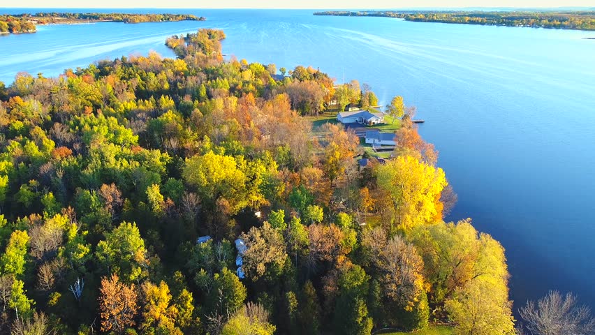 Dazzling aerial view of Autumn colors and scenic shores, Door County Wisconsin.
