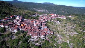 Aerial view in mountains of Mogarraz, village of Salamanca, Spain. 4k Drone Video