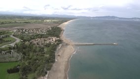 Aerial view from a Drone in Sant Marti de Empuries, Costa Brava, Girona, Catalonia, Spain. 4k Video