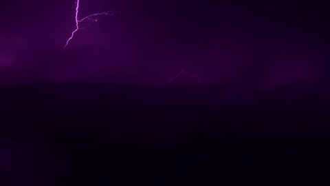 Lightning strike bolt in horizon, nature thunder storm clouds time lapse, danger power, dark night supercell time.